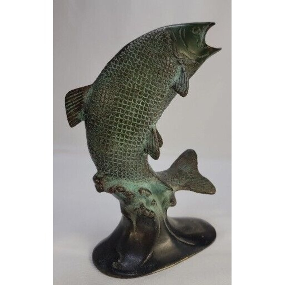 Solid Brass Jumping Bass Fish‎ Statue Figurine Verdigris Green Patina 8.5"